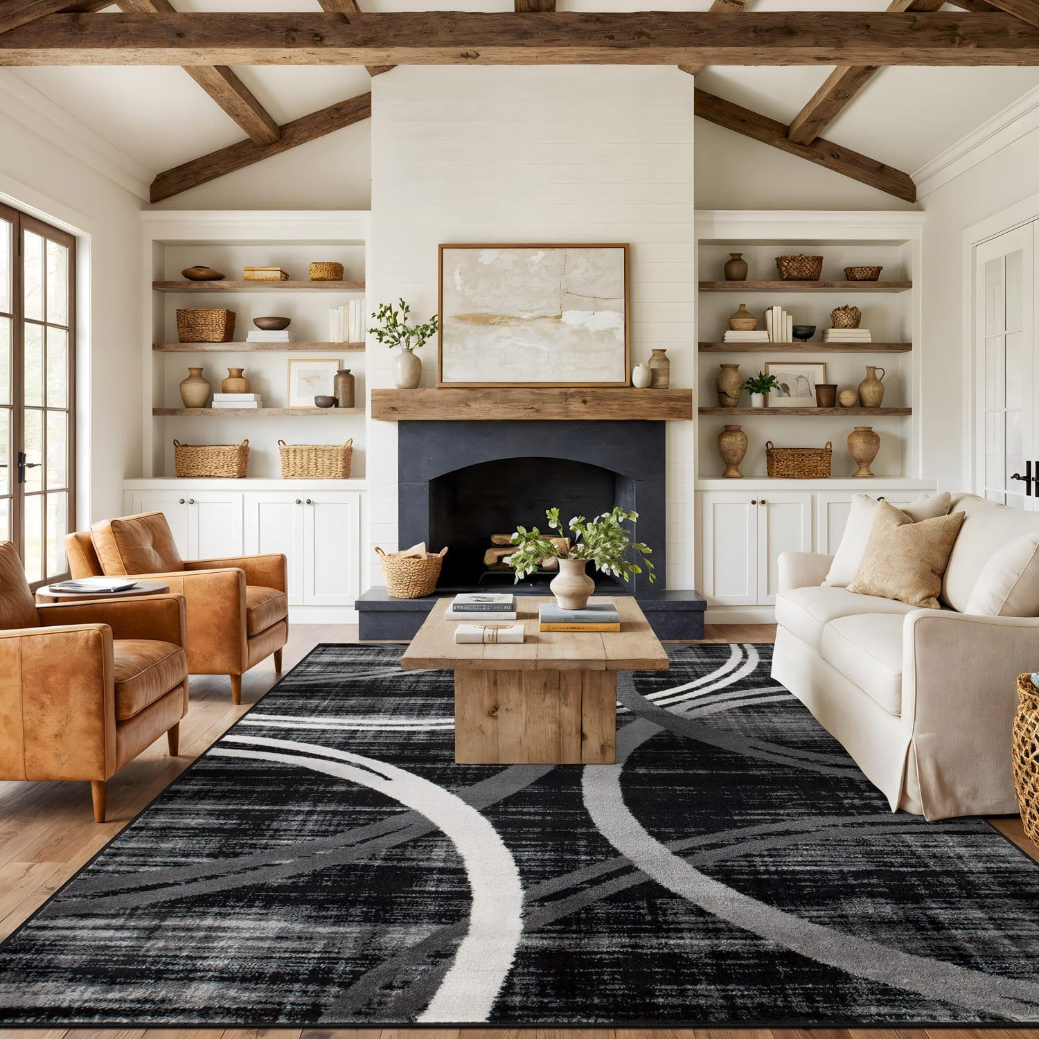Modern Wavy Circles Design Area Rug, Non-Shedding Carpet for Living Room, Large