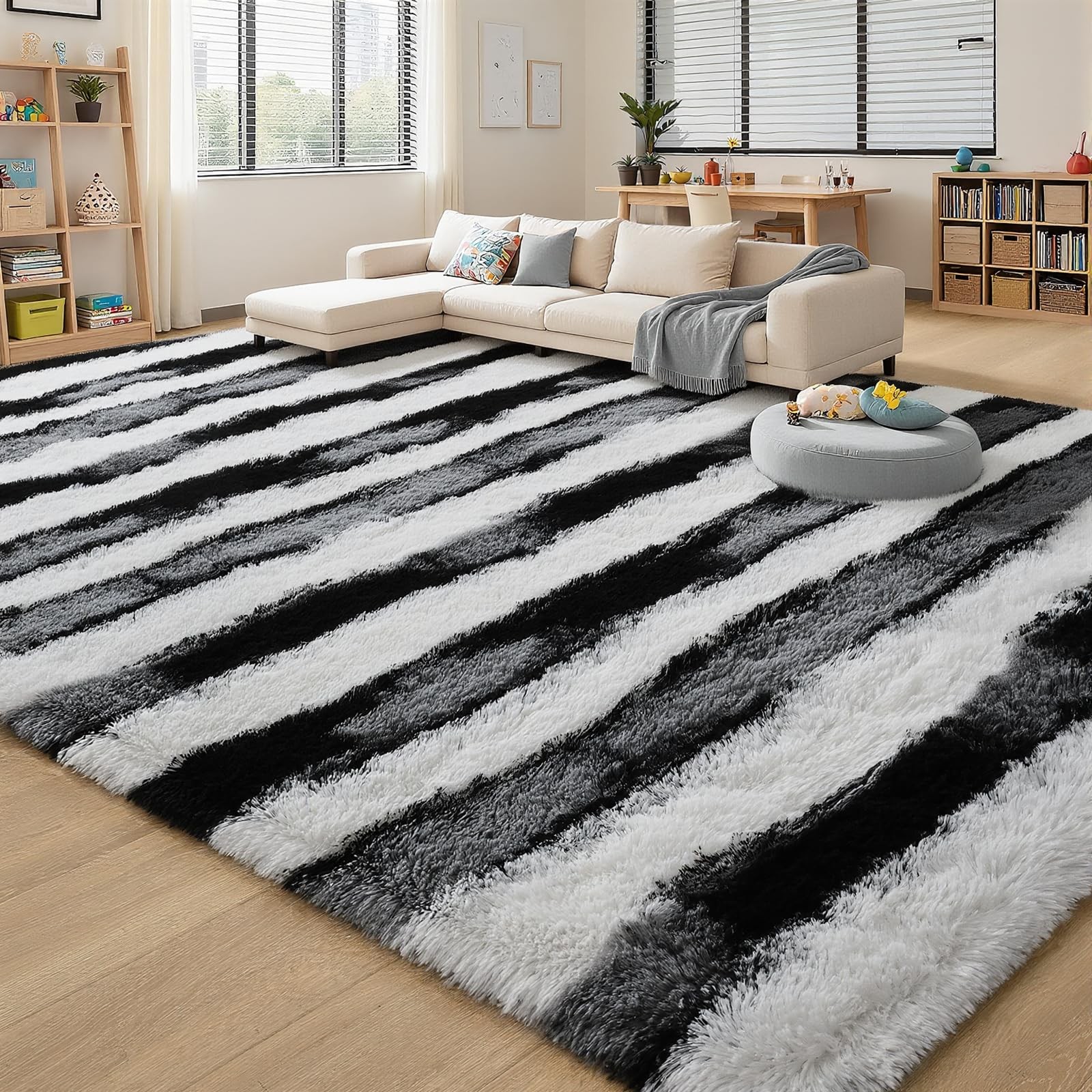 Shag Striped Area Rug, Black and White Rugs for Bedroom, 4×6 Feet Fluffy High…