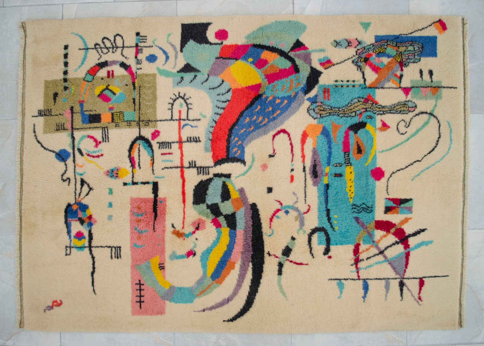 Kandinsky Style Abstract Rug | Vintage Hand-Knotted Wool Art Carpet 3’7″ x 5’0″