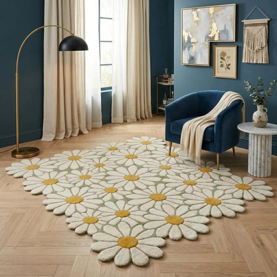 Hand Tufted Daisy Flower Wool Rug- Floral Area Rug Organic Shaped Handmade Rug