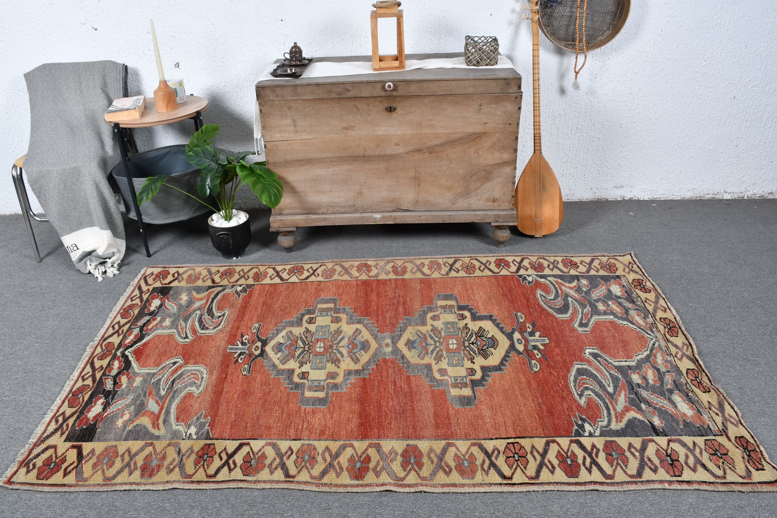 3,9×6,7 ft Rug, Area Vintage Rug, Red Solid Rug
