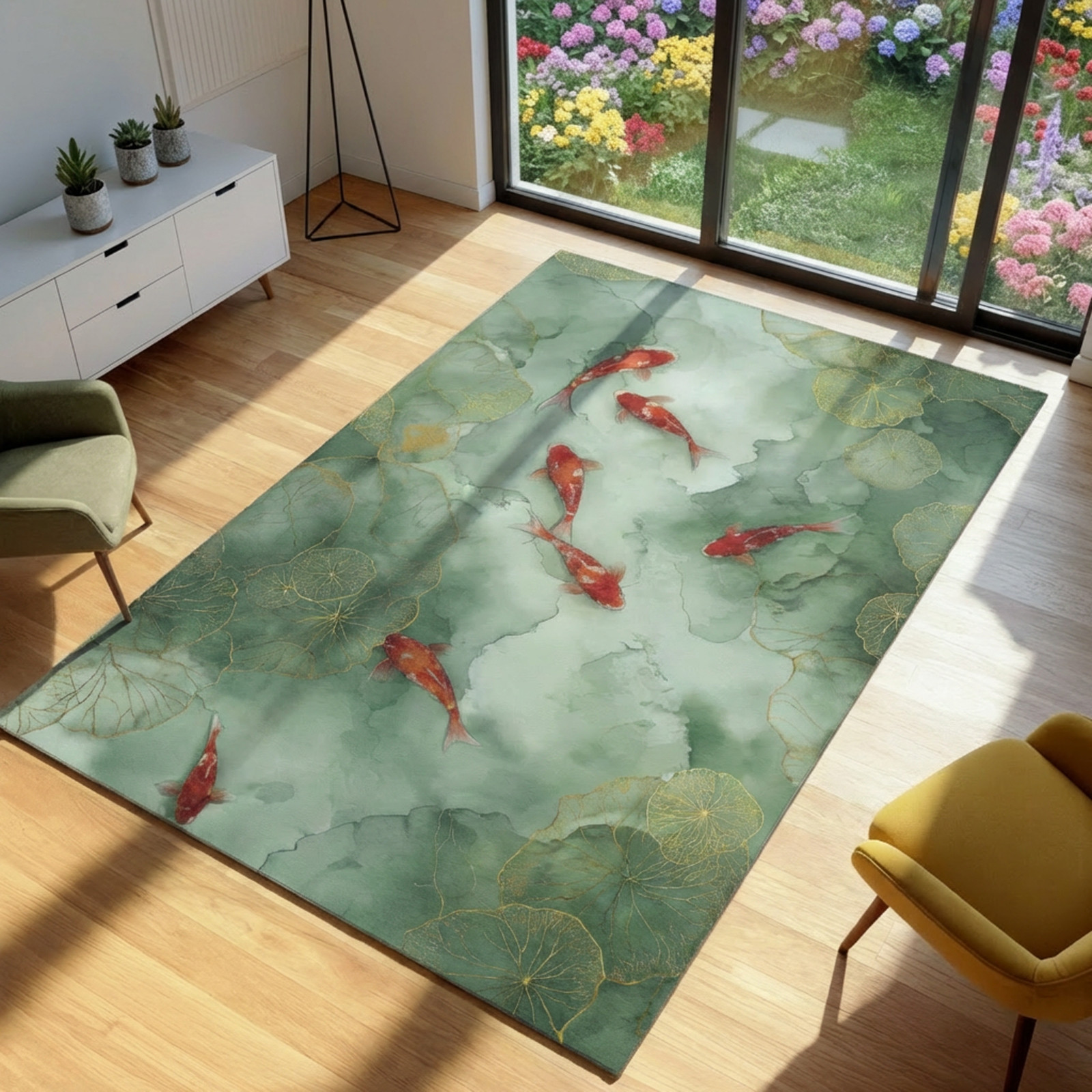 Japanese Koi Fish Area Rug, Sage Green Watercolor Style Carpet, Gold Lily Pad