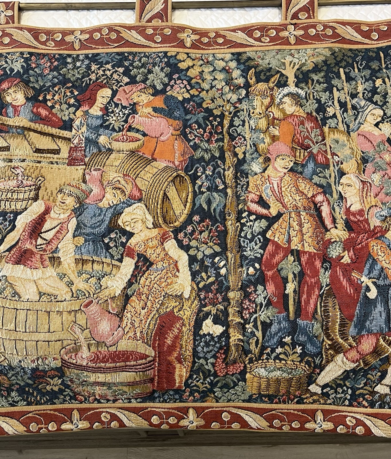 Vintage French Tapestry Stunning Tapestry w/Hanging Rod & Tassels 52”x34”