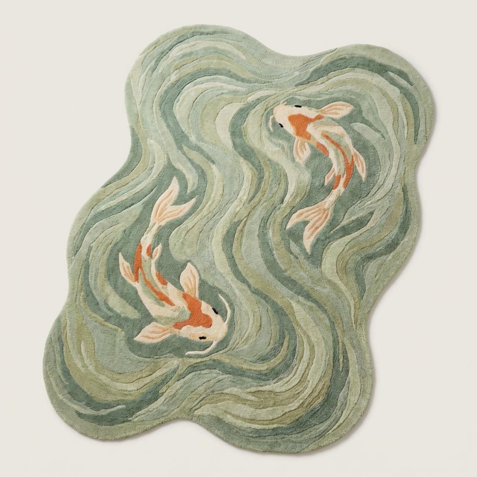 Modern 3D Carved Koi Fish Area Rug Irregular Organic Shape Sage Green Art Rug