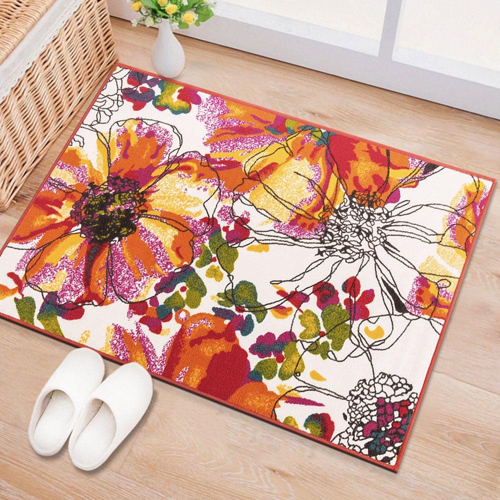 Modern Bright Flowers Non Slip Area Rug Multi Color Floor Mat 20×30 In