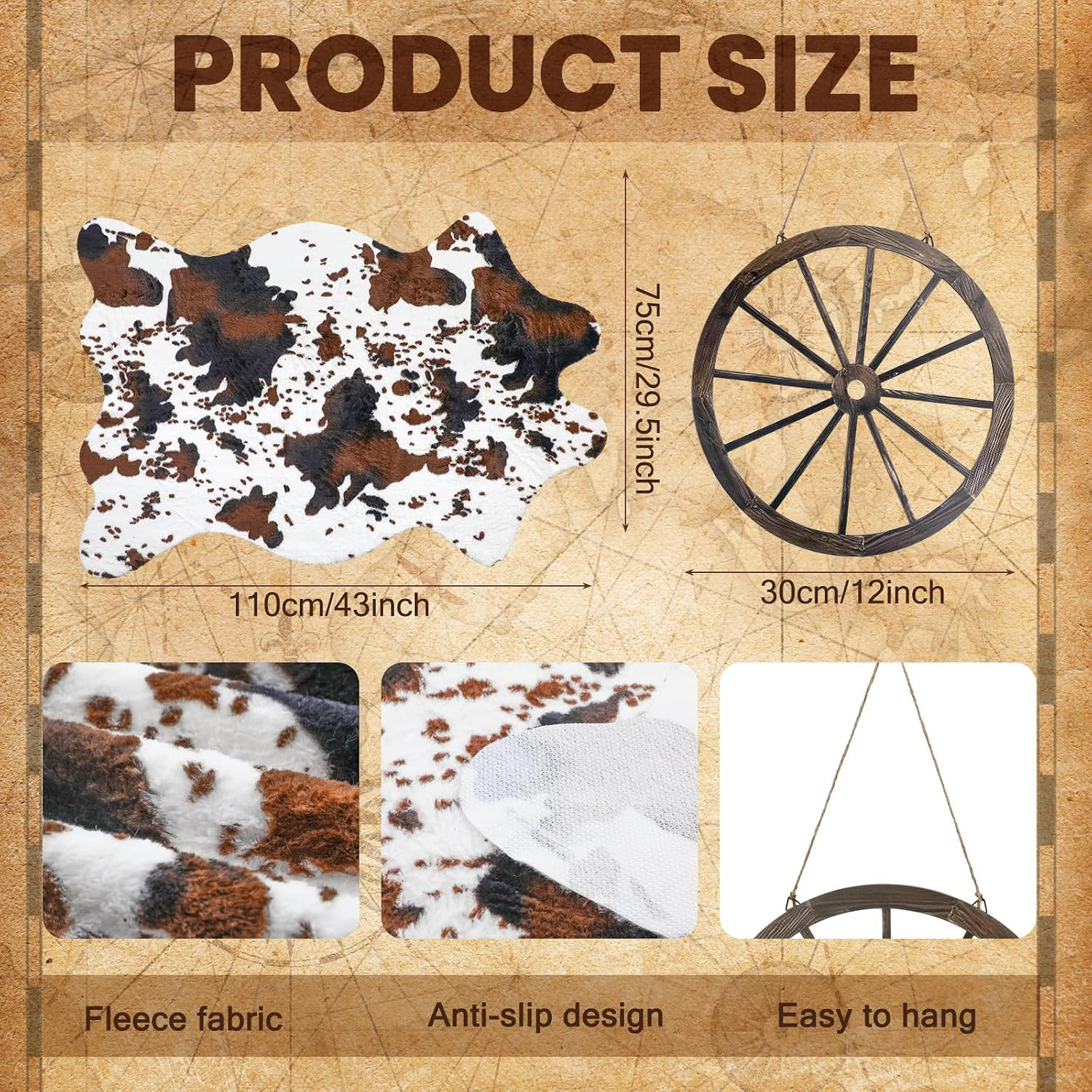 Western Cowboy Party Decorations Cow Print Cowhide Rug Wooden Wagon Wheel Vintag