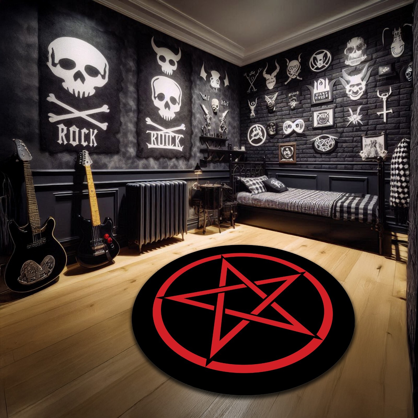 Pentacle Symbol Round Rug Black and Red Magic Circle Gothic Carpet Evil Decor