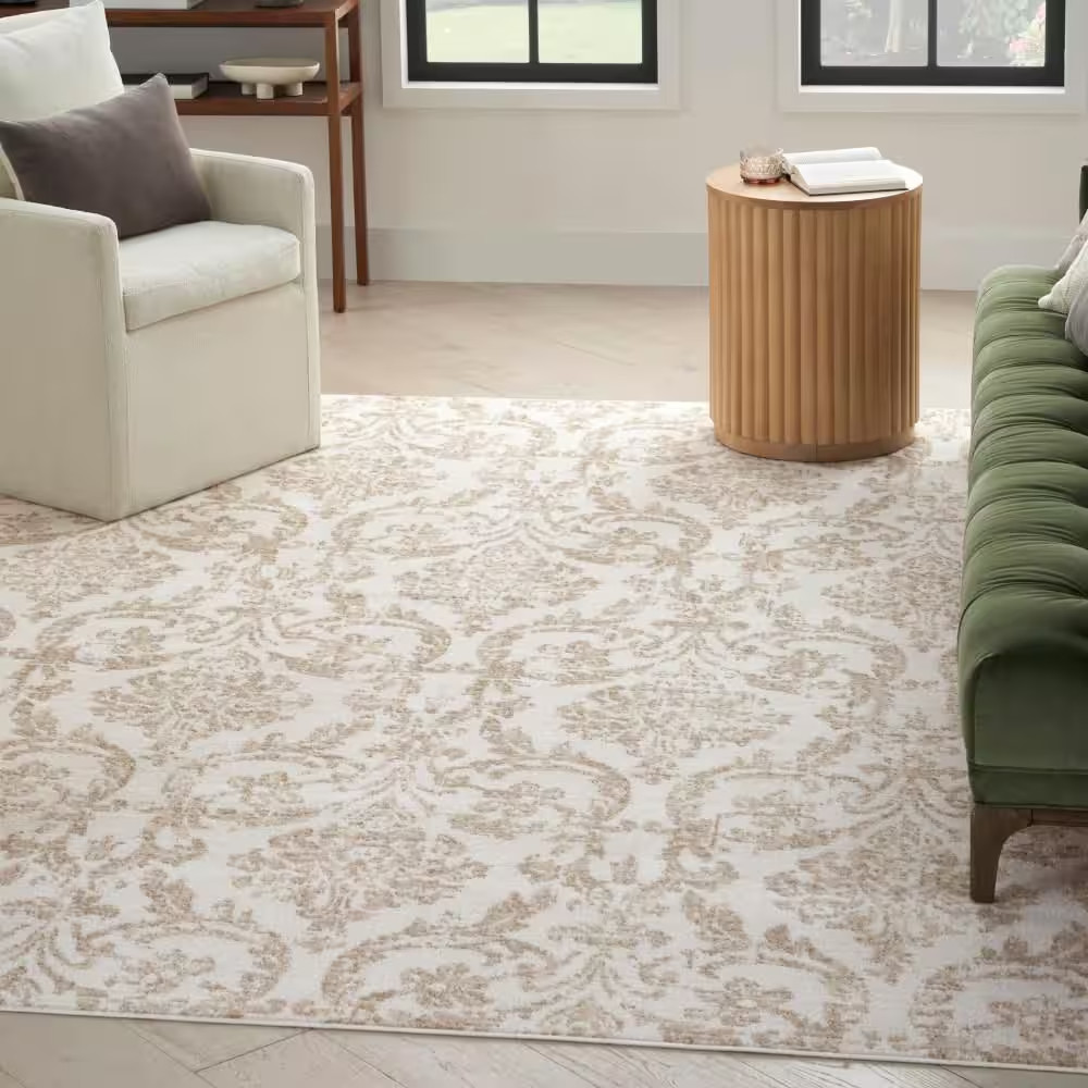 Jubilant Ivory Beige 10 Ft. X 14 Ft. Damask Transitional Area Rug