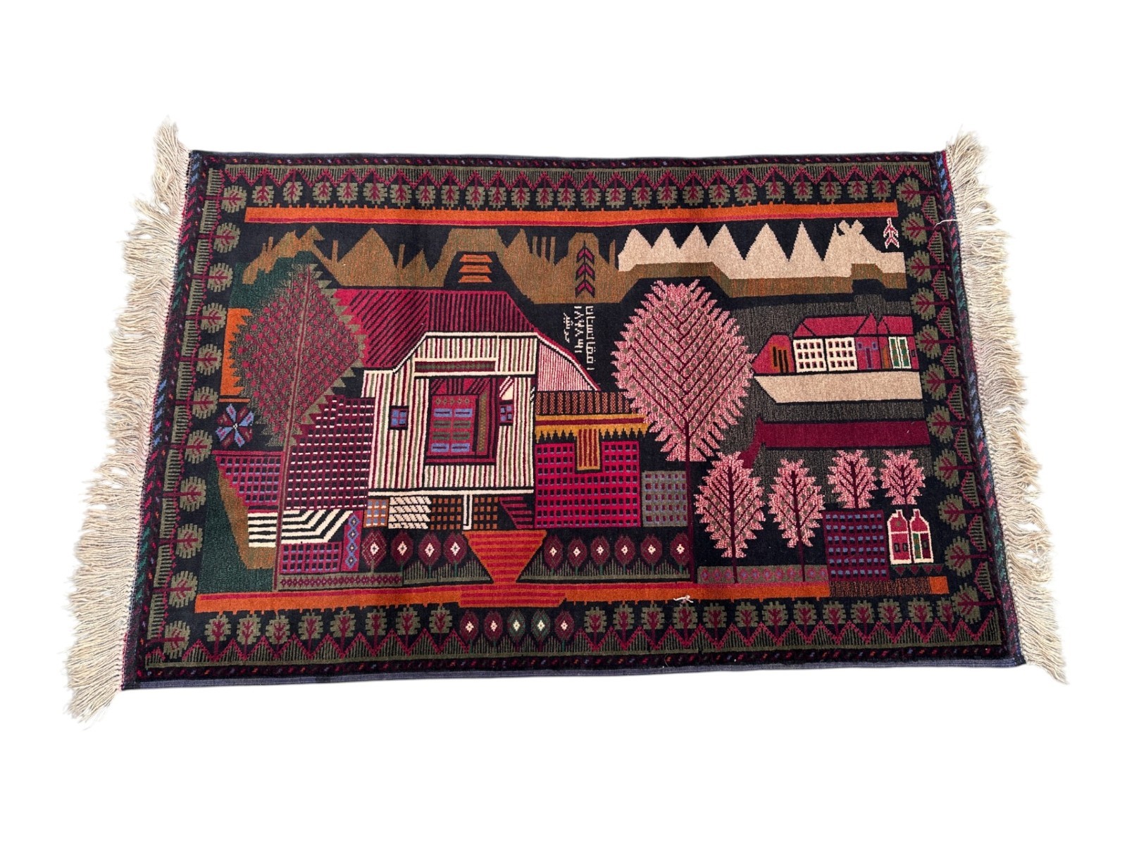 Handmade Afghan Pictorial Village Rug Hand Knotted Wool Signed 2’10×4’6 Carpet