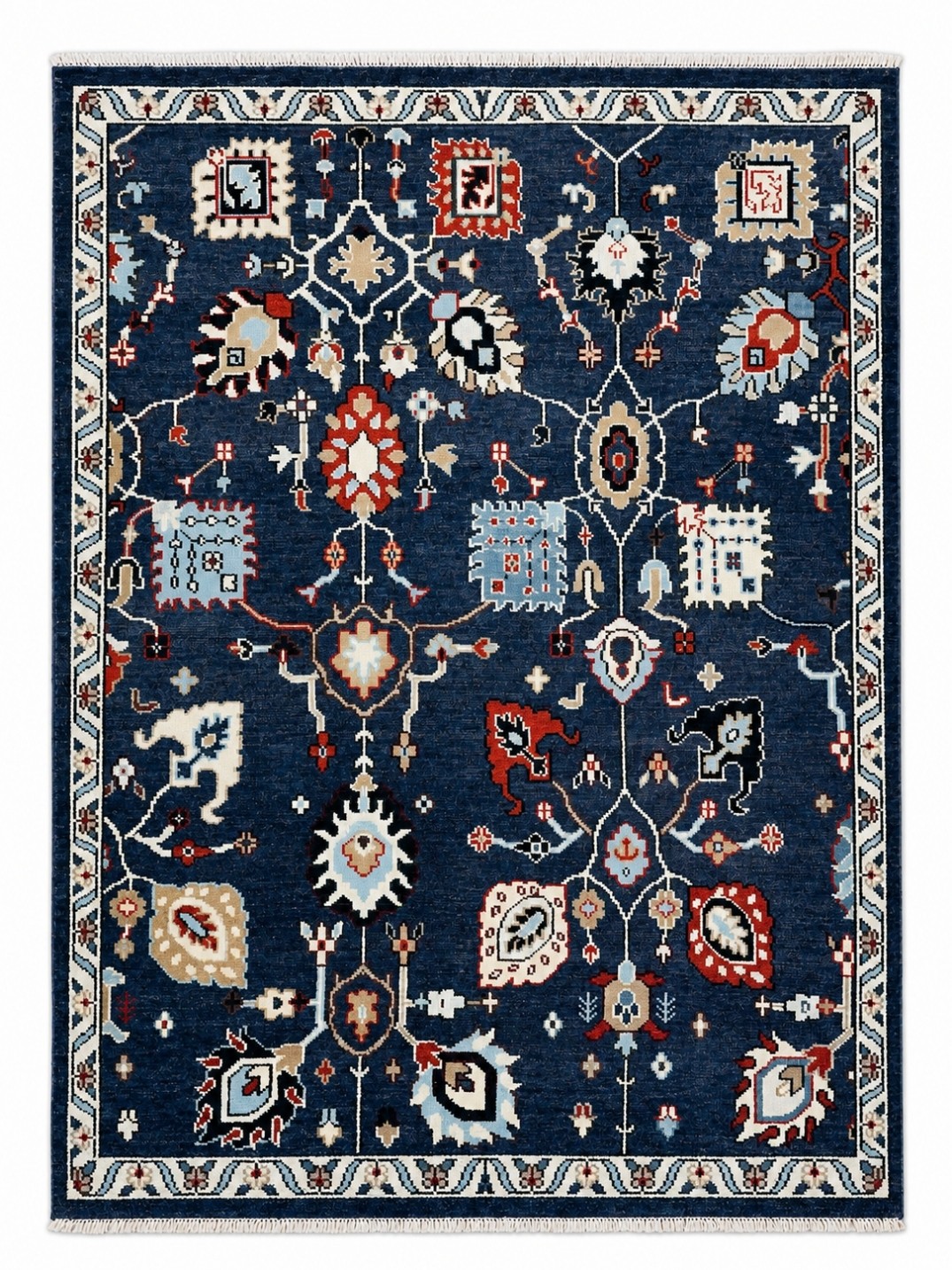 8×10 ft Hand-Knotted Wool Area Rug, Oushak Navy Blue Floral Design Carpet