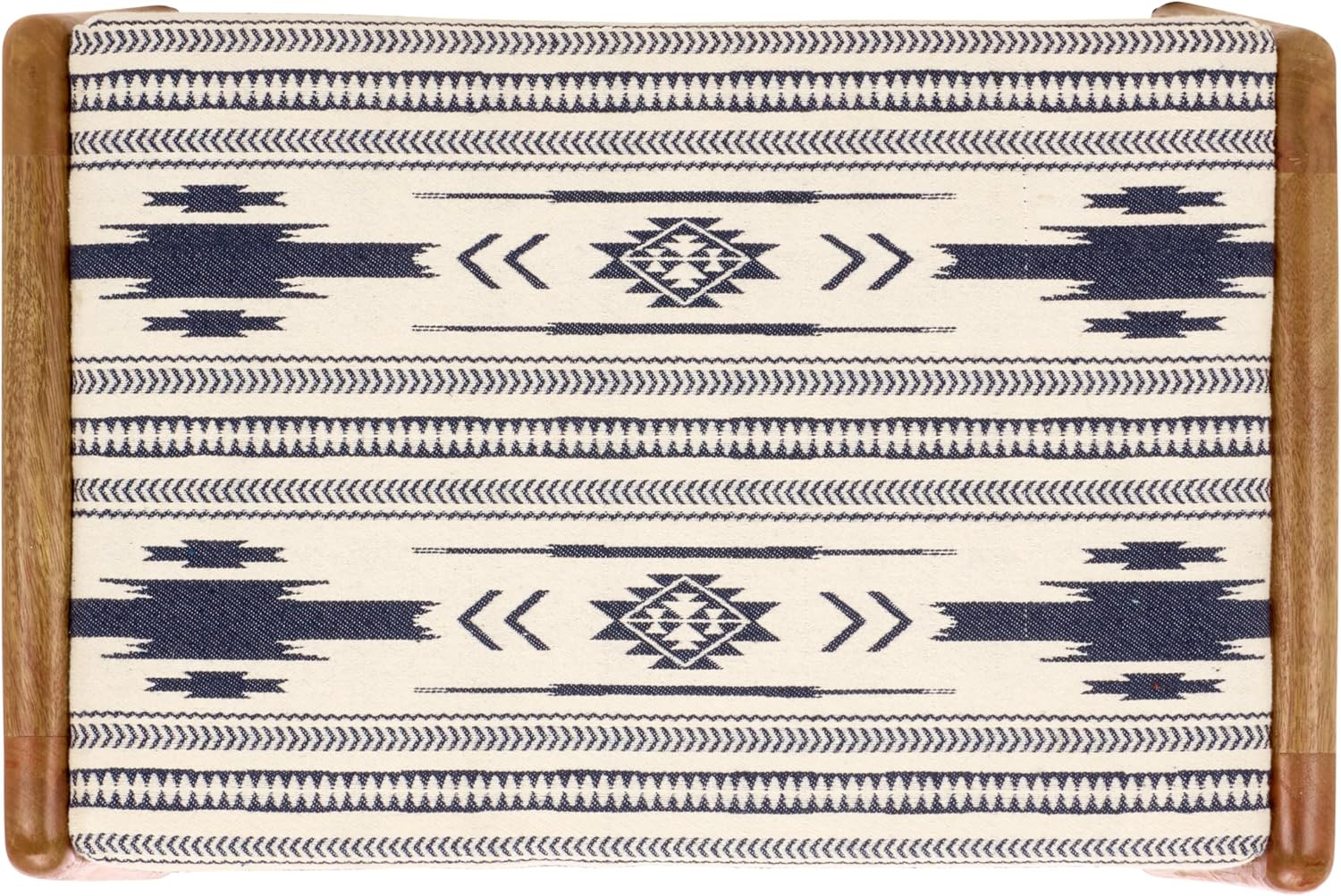 Boho Tribal Navy & White Ottoman with Natural Wood Frame – Fully Assembled