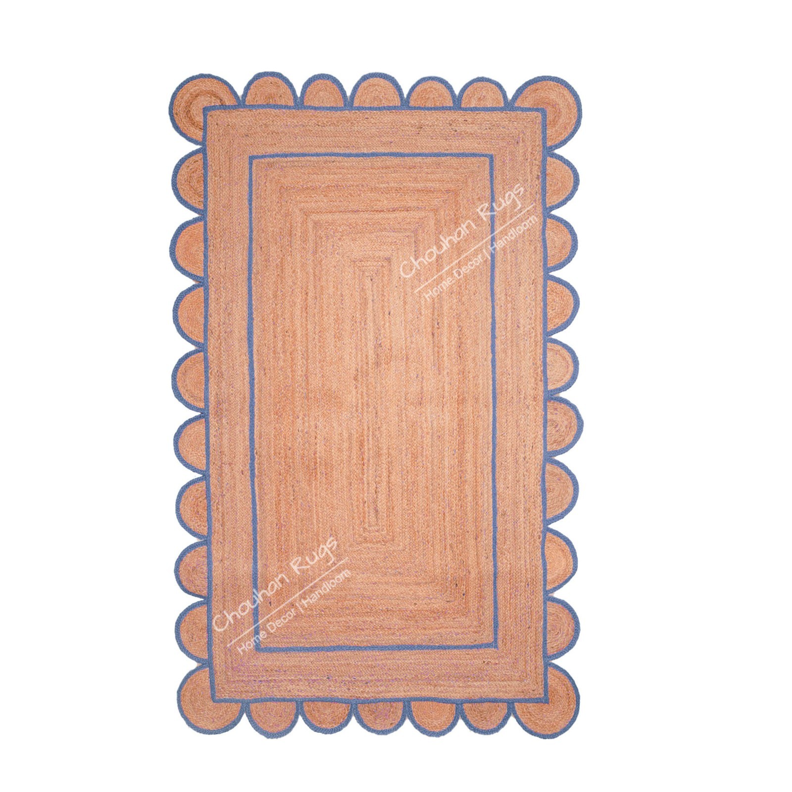 Natural scallop Jute Runner Rug 2×8 Ft Light Blue Border Boho Living area Rugs