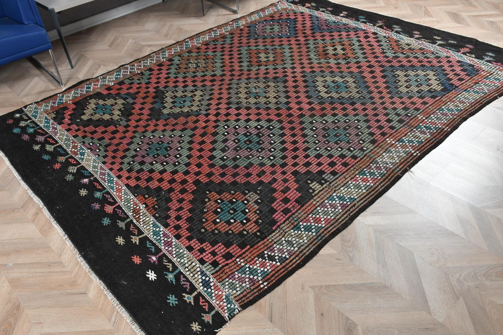 Vintage Rug, 6,5×9,1 ft Large Turkish Rug, Kilim Black Red Oriental Rug