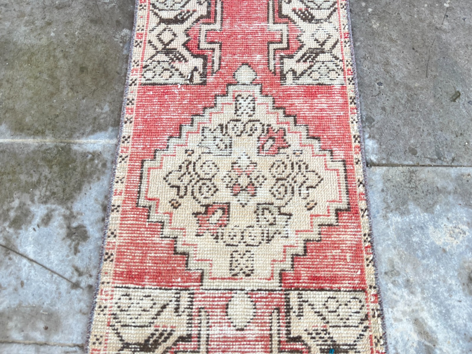 Vintage Turkish Rug 1.4×2.5 ft Hand-Knotted Wool Door Mat Boho Tribal Accent Rug