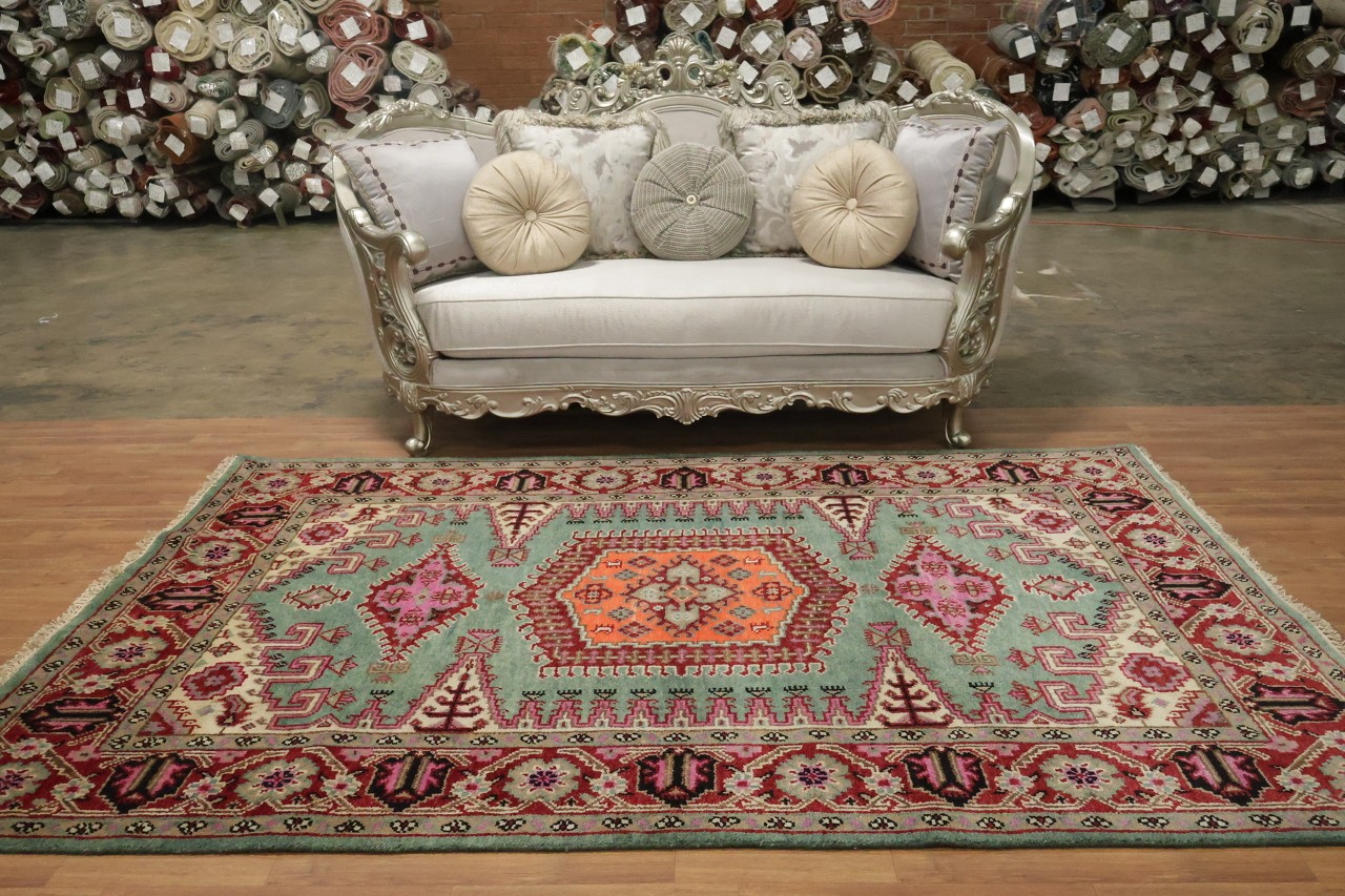 Elegant Turquoise and Coral 6×9 Traditional Hand-Knotted Wool Area Rug