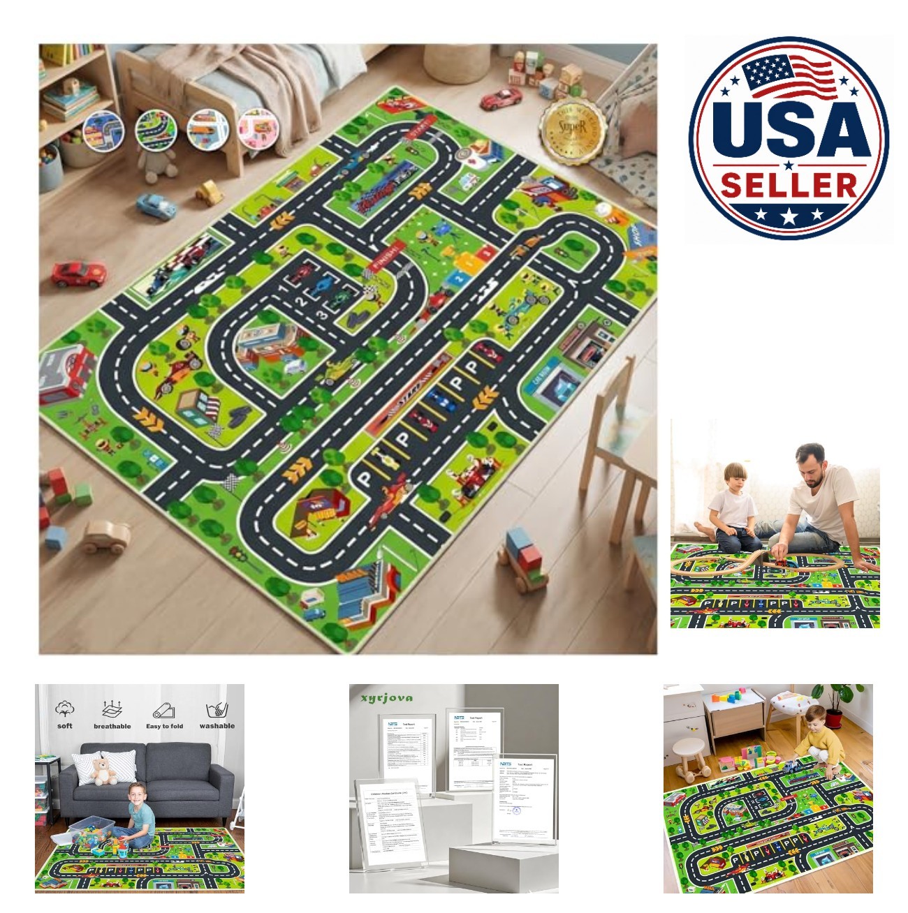 Car Play Mat 31x47in Kids Rug Non-Slip Polyester Machine Washable For Toy Cars