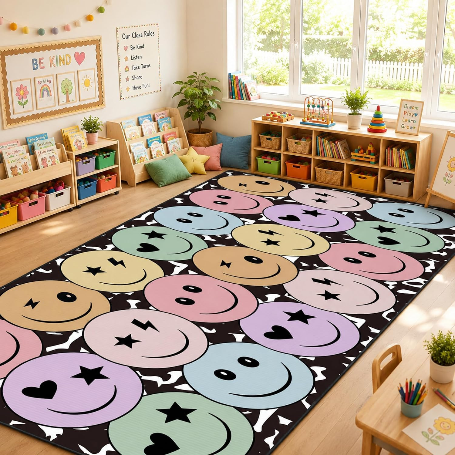 Large Classroom Rug with Smile Face Design – Soft Non-Slip Playmat 10.5×4.6 Ft