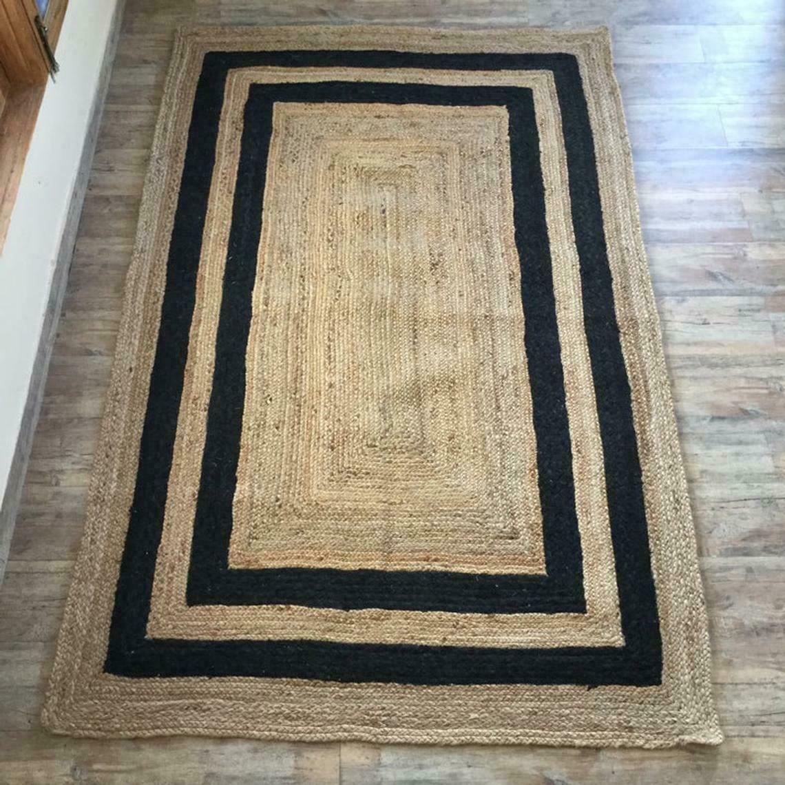 Natural Jute With Black Line 100% Handmade Rectangle Home Decorative Look Rug