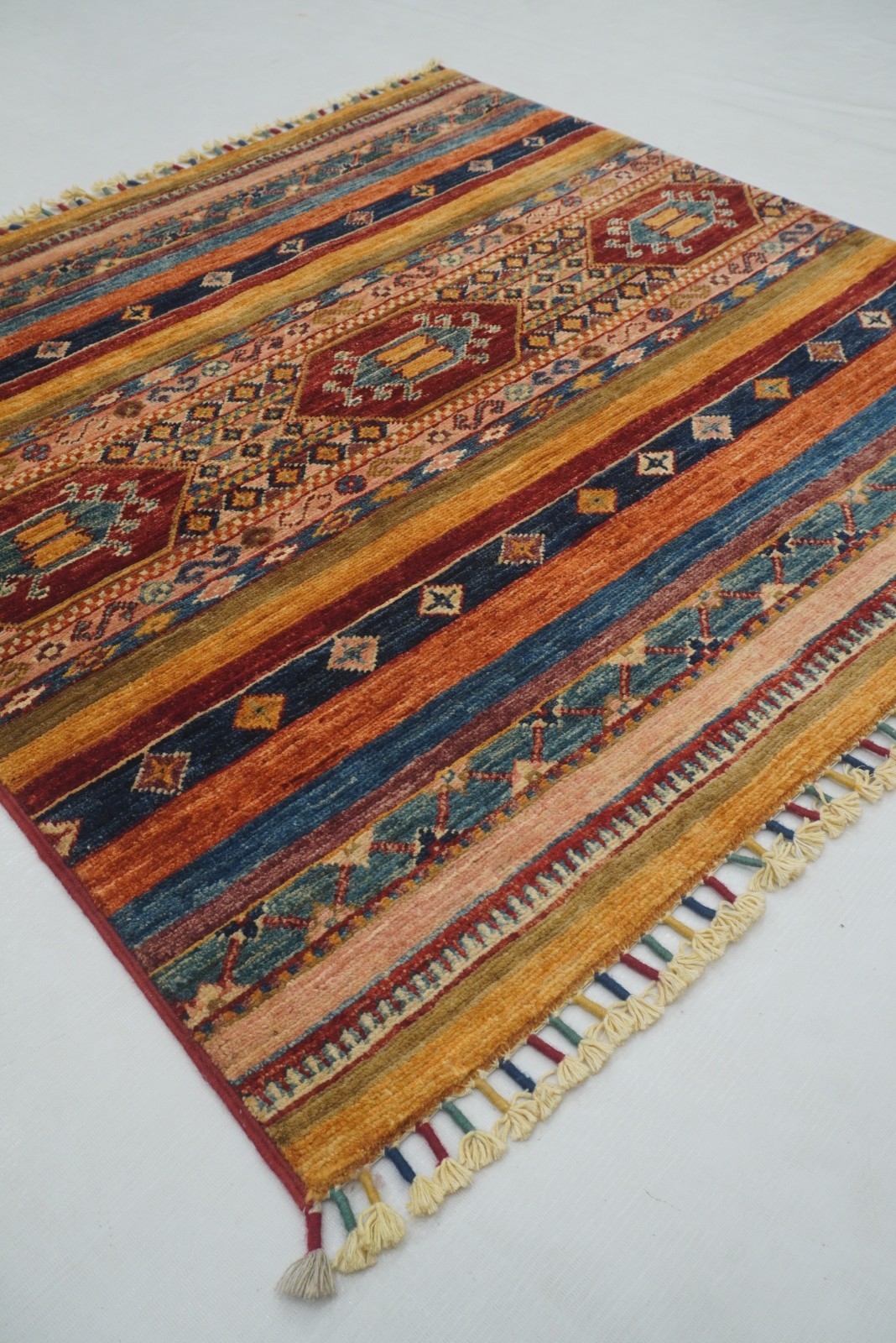 3×3 ft Multicolor Khorjin Afghan Hand Knotted Wool Tribal Small Square Rug