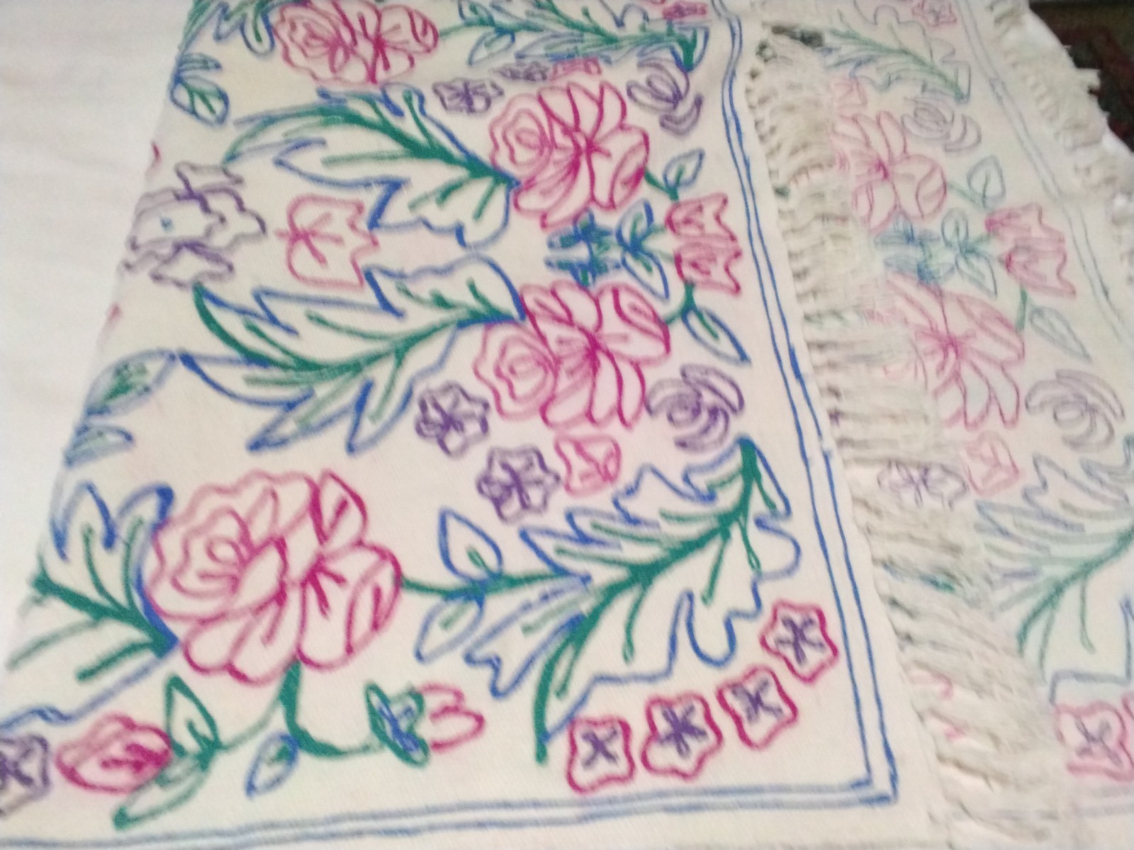 Park B. Smith Embroidered Floral Design Rug, Fringe Ends Pink Green Blue 30″X48″
