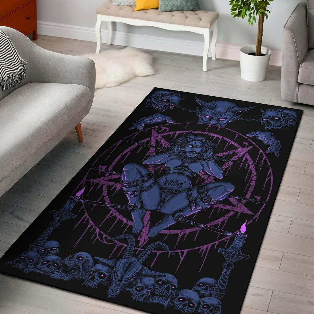 Skull Demon Satanic Baphomet Goat Satanic The Sinner Area Rug Erotic Blue Pink