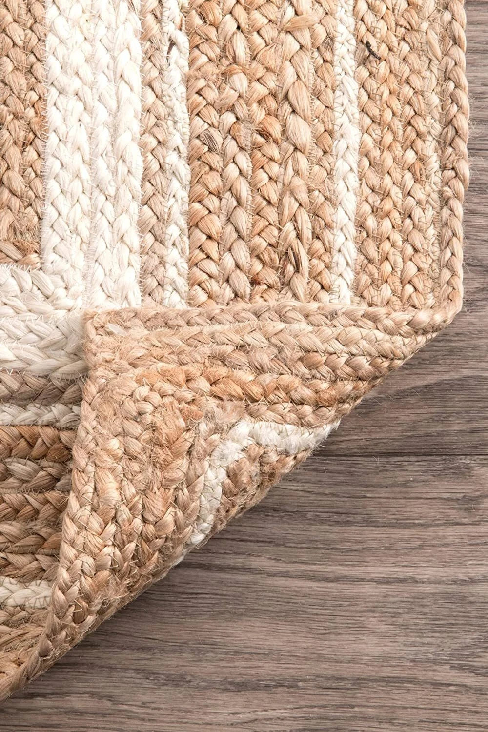 Beige & White Rug Rectangle 100% Natural Jute Handmade Rustic Look Area Rug