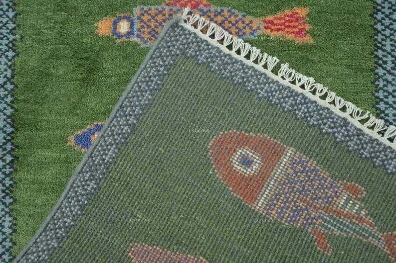 Koi Fish Runner Rug: Green Colorful Carpet Handmade Wool Area Rug