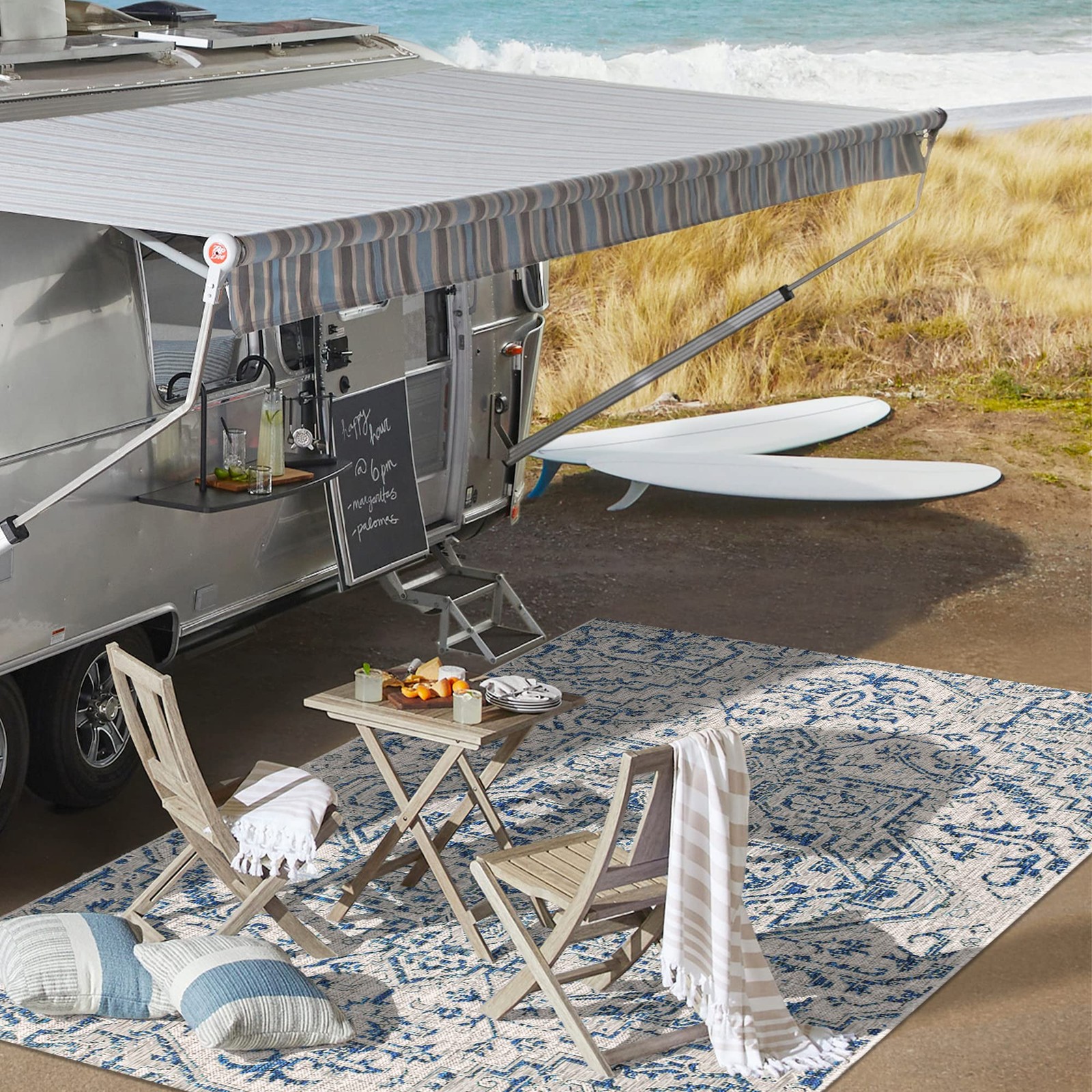 Navy Gray Rectangular Indoor Outdoor Rug Stain Resistant Pet Friendly 3×6 ft