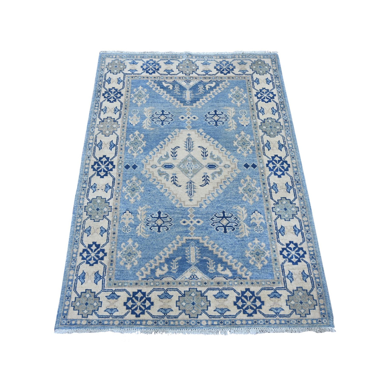 3’4″x4’7″ Blue Vintage Look Kazak with Medallion Hand Knotted Wool Rug 21983