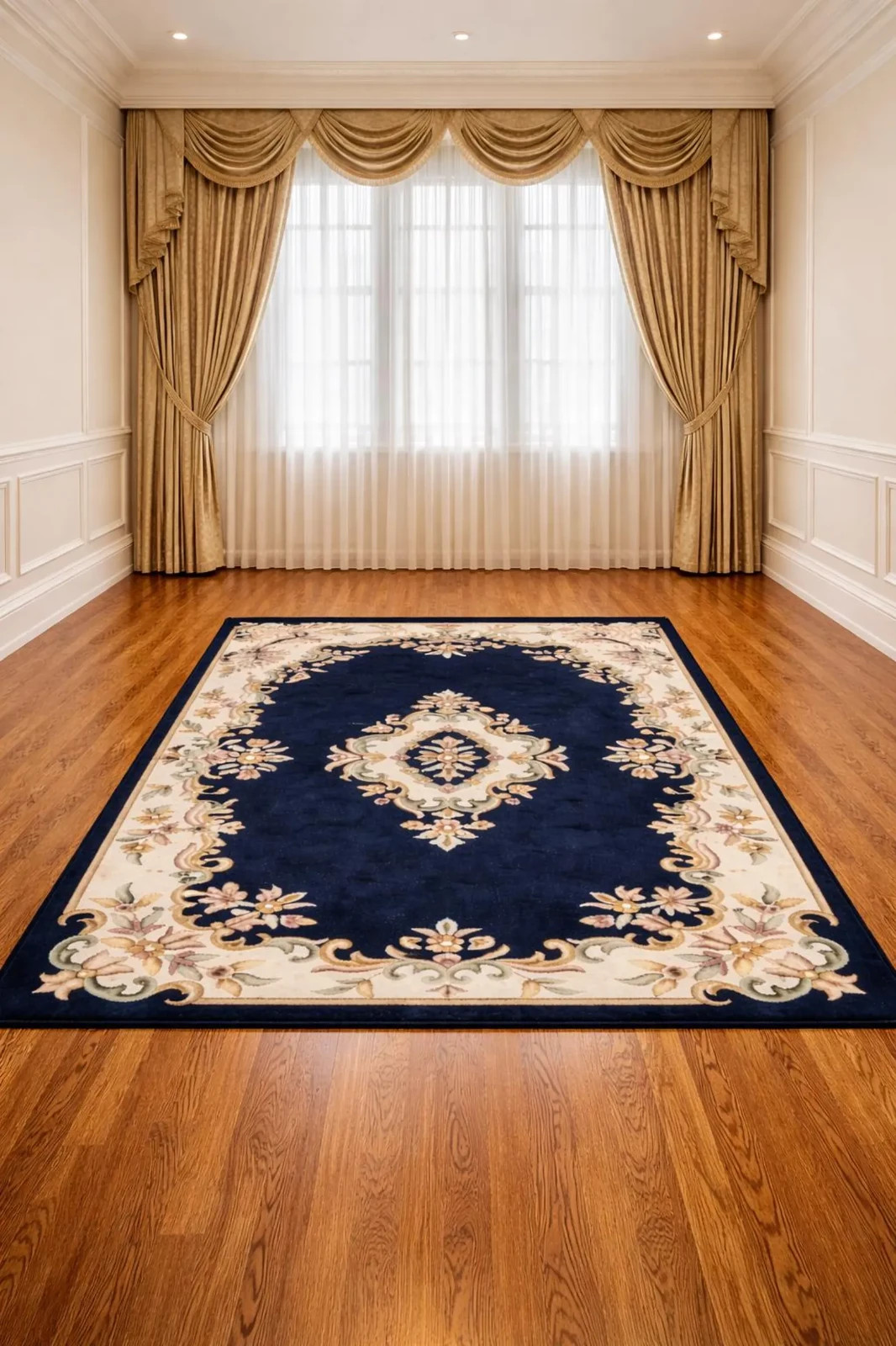 Dark Blue Ivory Abushan Rug – Hand Tufted Wool Area Rug – Navy Floral Medallion