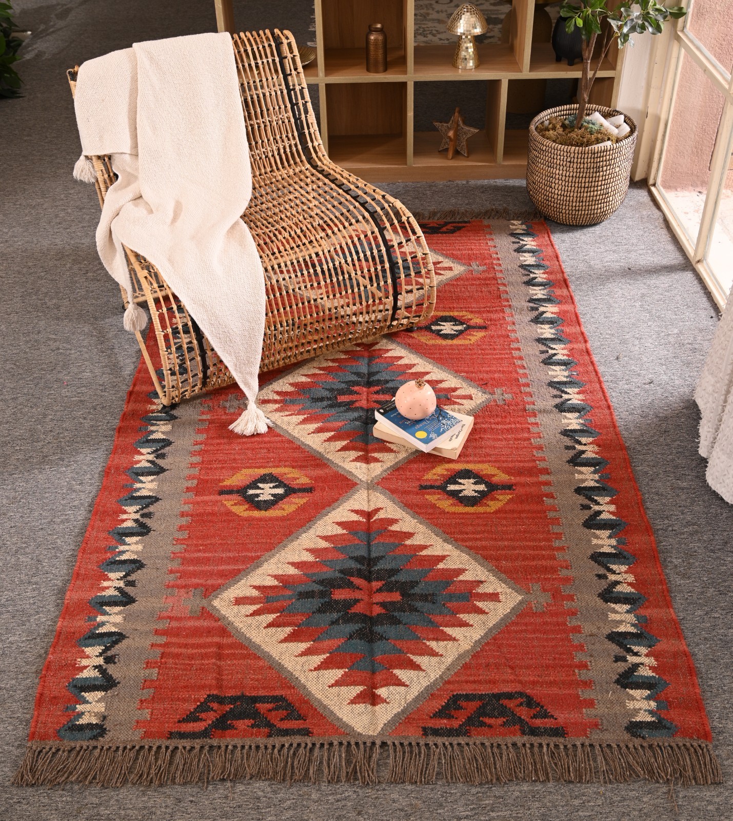 Handmade Wool Kilim Rug Tribal Flat Weave Boho Area Rug Southwestern Carpet SC01
