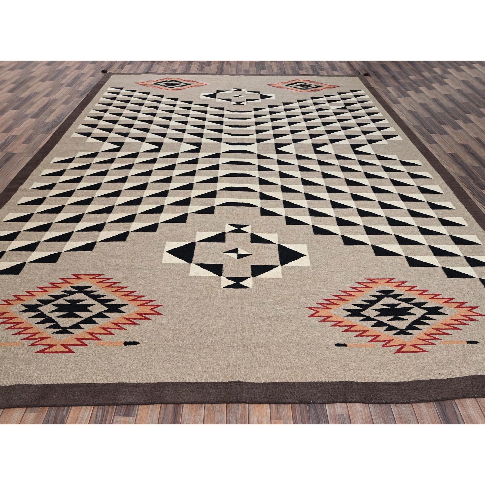 12’2″x14’9″ Brown Flat Weave Southwest Geometric Design Hand Woven Wool XL Rug