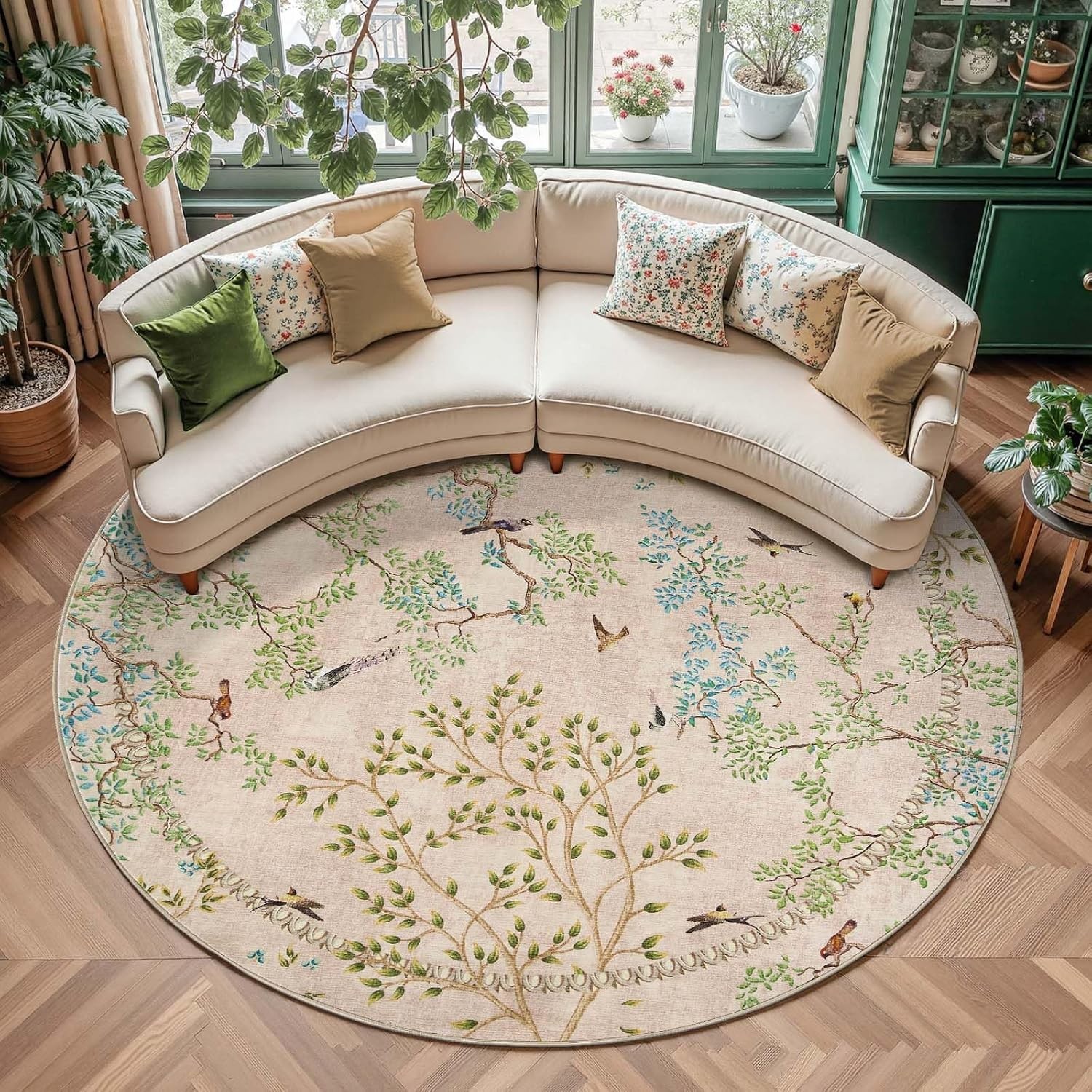 Yarden Round Rugs 8ft Beige Botanical Birds Print Machine Washable 8′ Circle