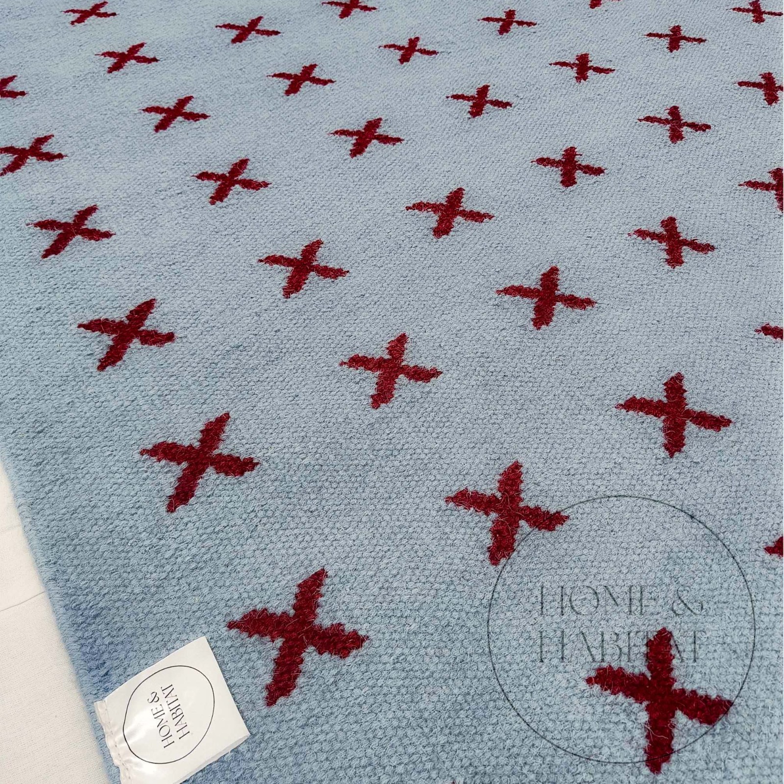 Handwoven Blue Burgundy Wool Area Rug, Cross Pattern, Nordic Design 2×3 Area Rug