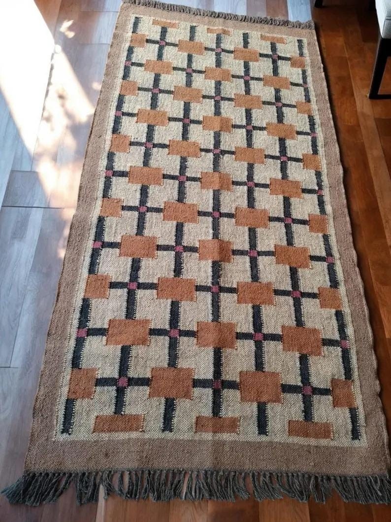 Handwoven Wool Jute Kilim Rug: Bohemian Flatweave Dhurrie 5×8 ft, Custom Size