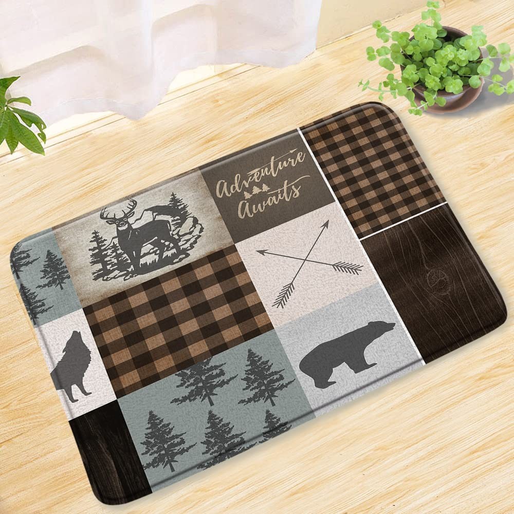 Cabin Bathroom Mat Retro Rustic Lodge Bear Moose Deer Elk Wolf Forest Adventu…