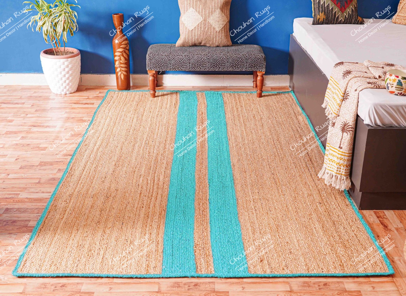 Custom size 5×7 Ft Handmade Natural Jute rug with Turquoise stripe Line area Rug