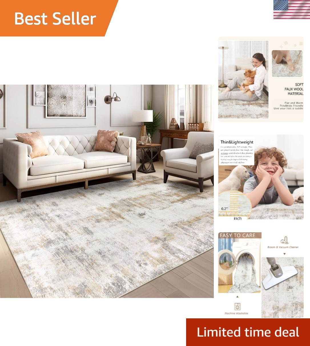 5×8 Washable Abstract Area Rug – Non-Slip Low Pile Faux Wool in Beige/Camel