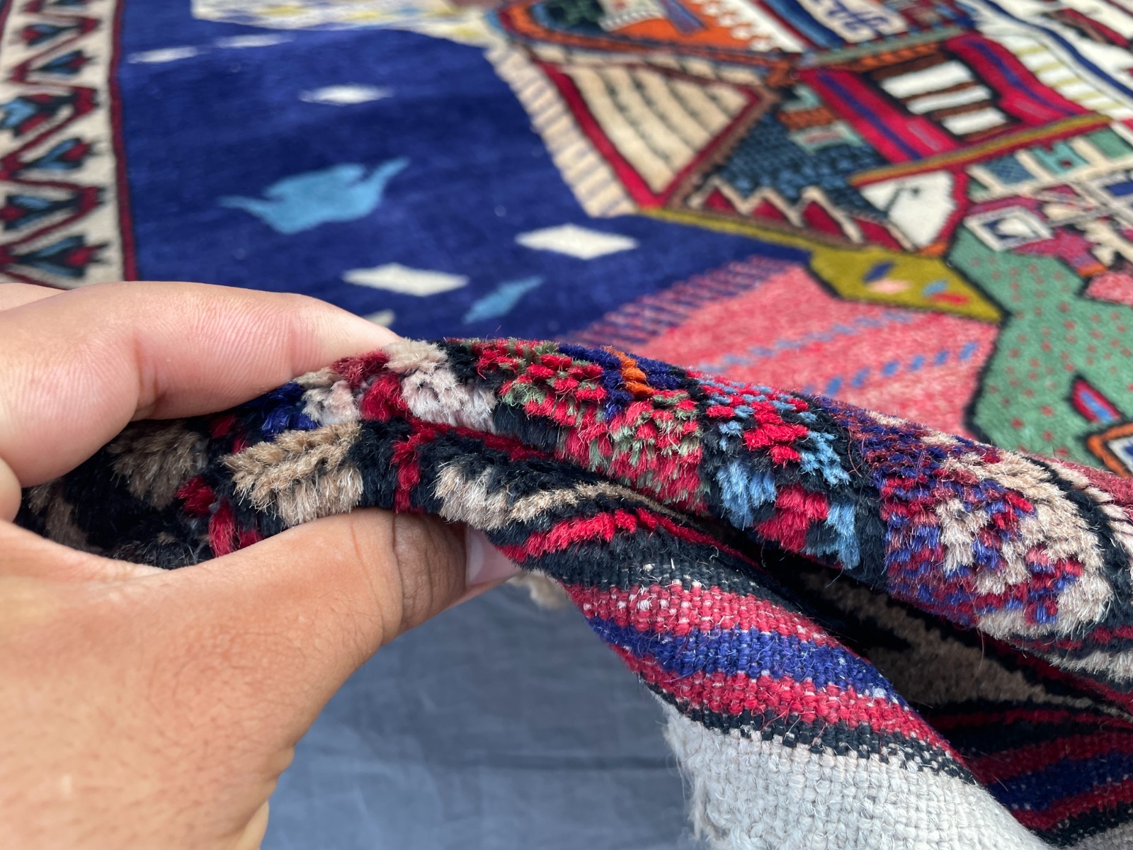 2×4 Pictorial Afghan Wool Rug with Colorful Village Houses Cars and Mountain