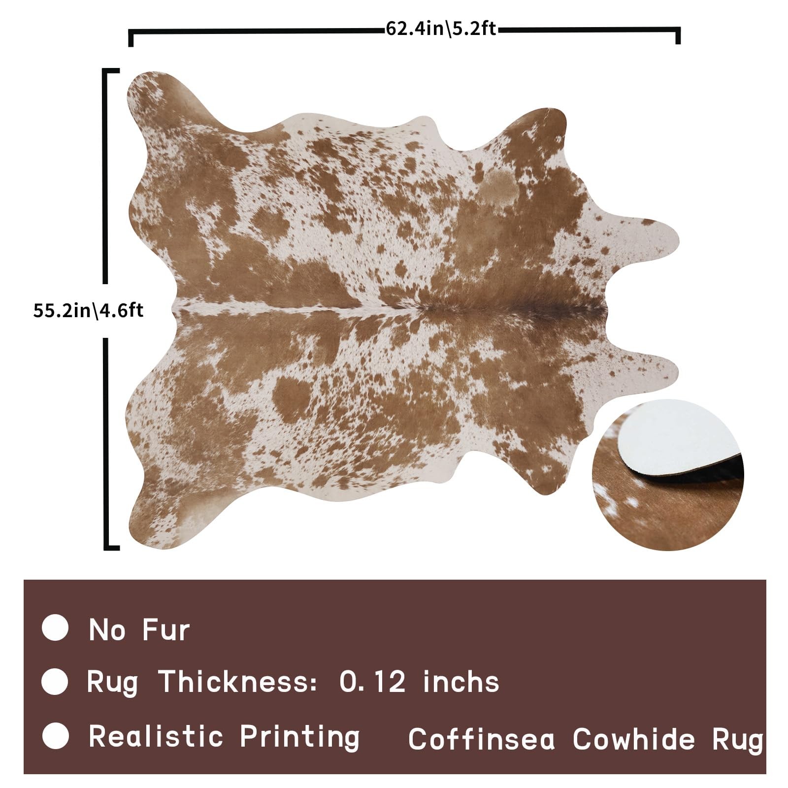 Faux Cow Hide Rug 4.6×5.2 Ft Brown Cowhide Carpet Western Living Room Decor