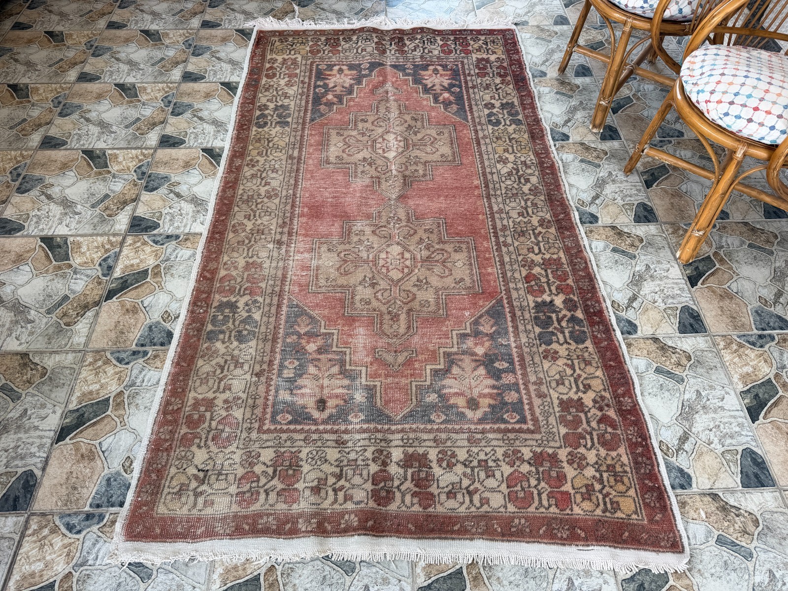 1970s Vintage Turkish Oushak Rug, Tribal Handmade Geometric Area Carpet 4×8 ft
