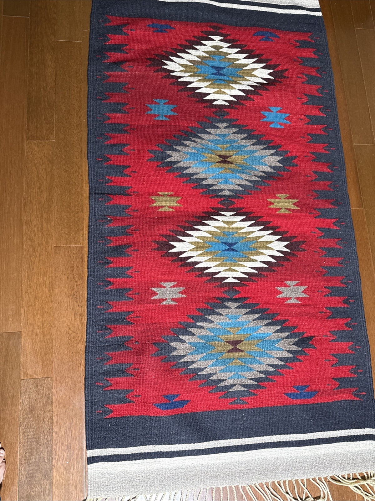 Vintage Native Aztek Design Woven Wool Rug 60×31” Beautiful Double Sided Fringe