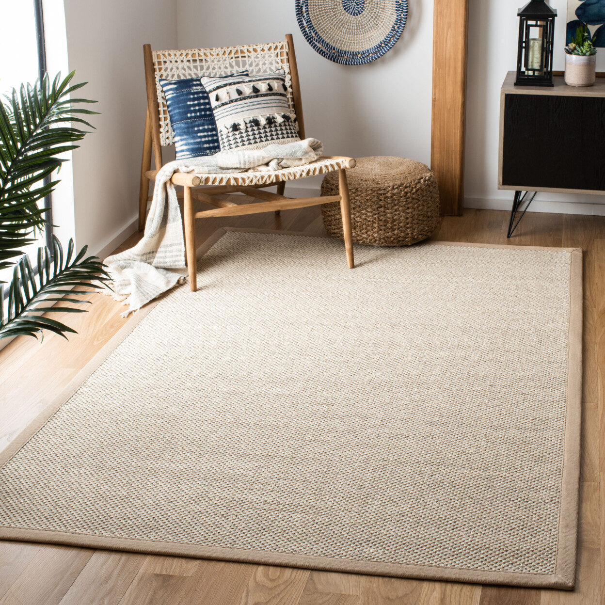 SAFAVIEH Contemporary Natural Fiber Sisal and Linen Bordered Area Rug Marble