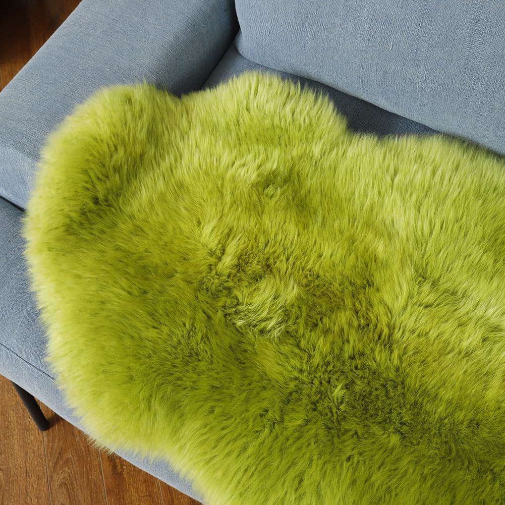 Fluffy Pea Green Genuine Sheepskin Rug 2×6 Ft for Living Room & Bedroom