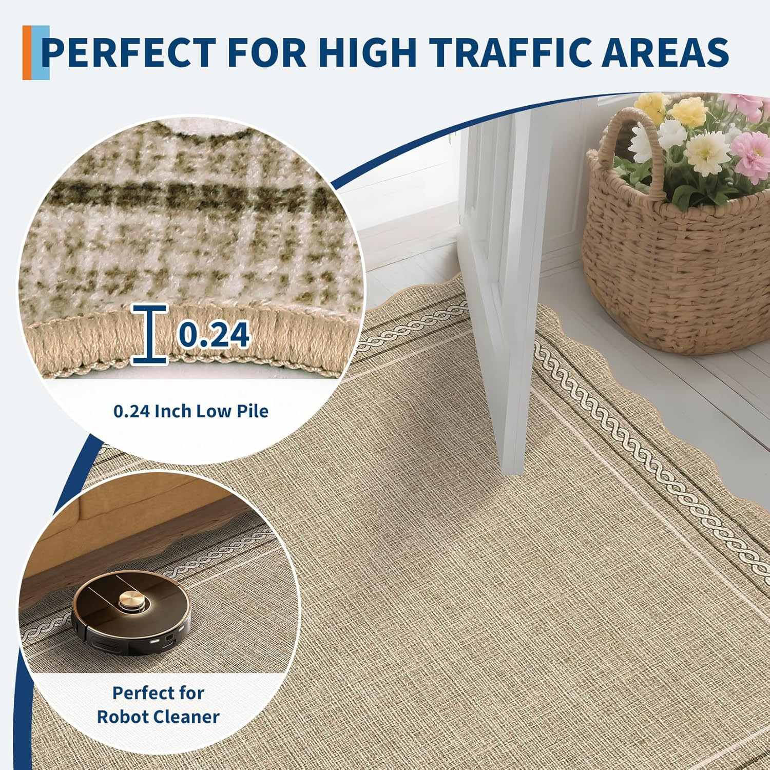 Scalloped 5×7 Washable Jute Area Rug – Soft, Non-Slip, Stain Resistant