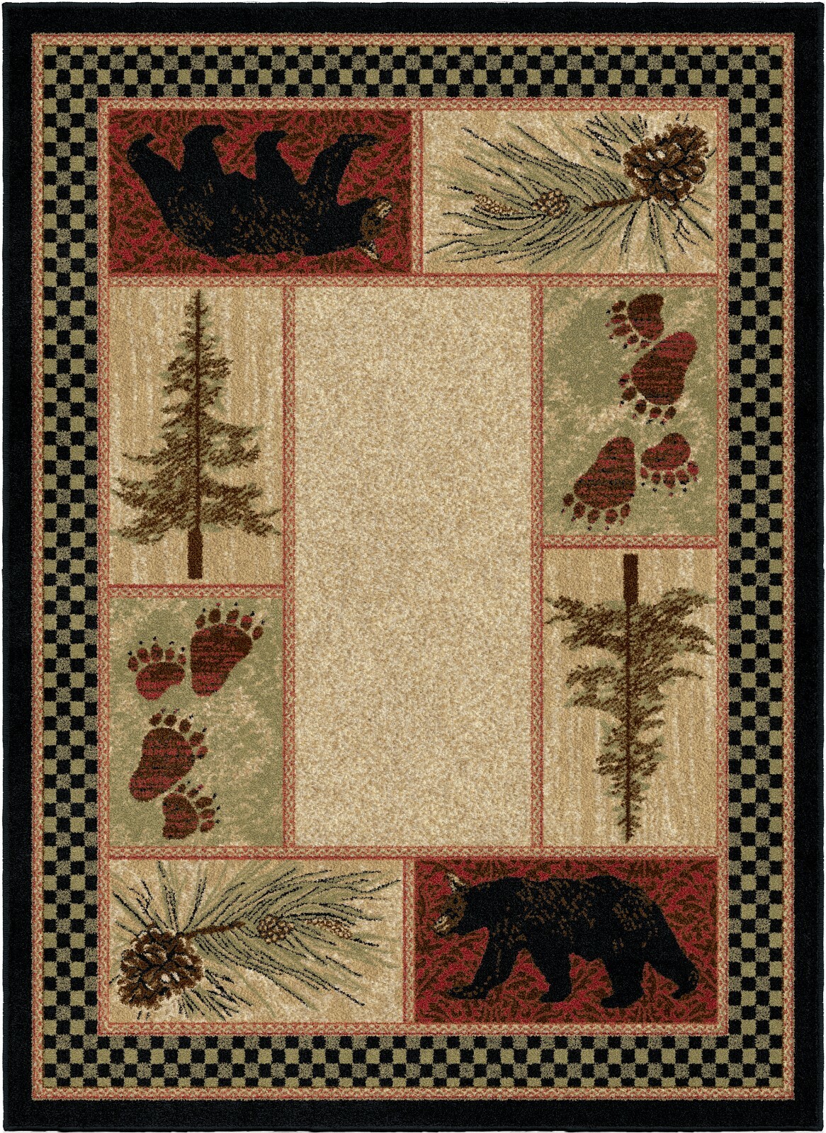 Cades Cove Round Area Rug Lodge Cabin Bear Paw Pine Cone Beige *FREE SHIPPING*