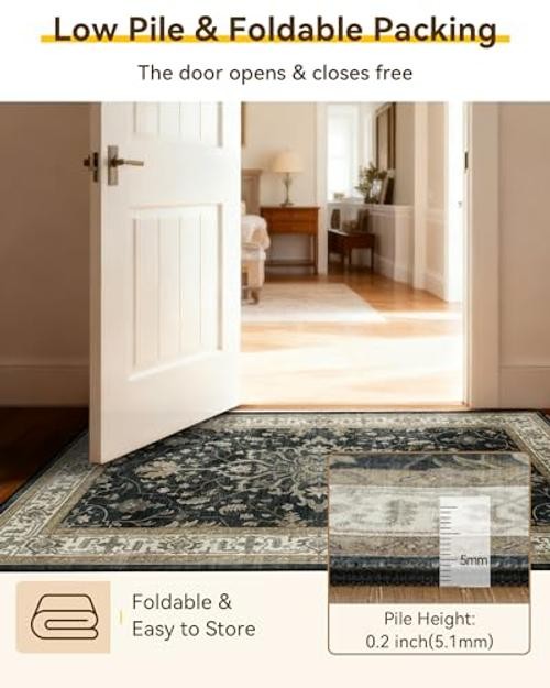 Area Rugs 5’x7′ Washable Vacuum-Friendly, Non-Slip, Floral Vintage Distress