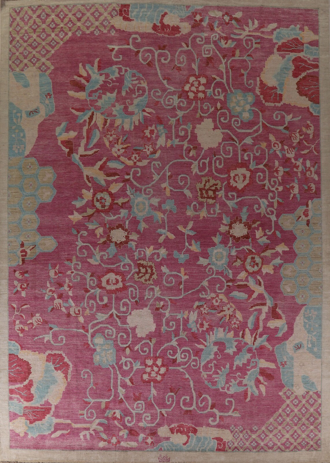 Pictorial Floral Transitional Art Deco Chinese Large Rug 12×14 Handmade Wool