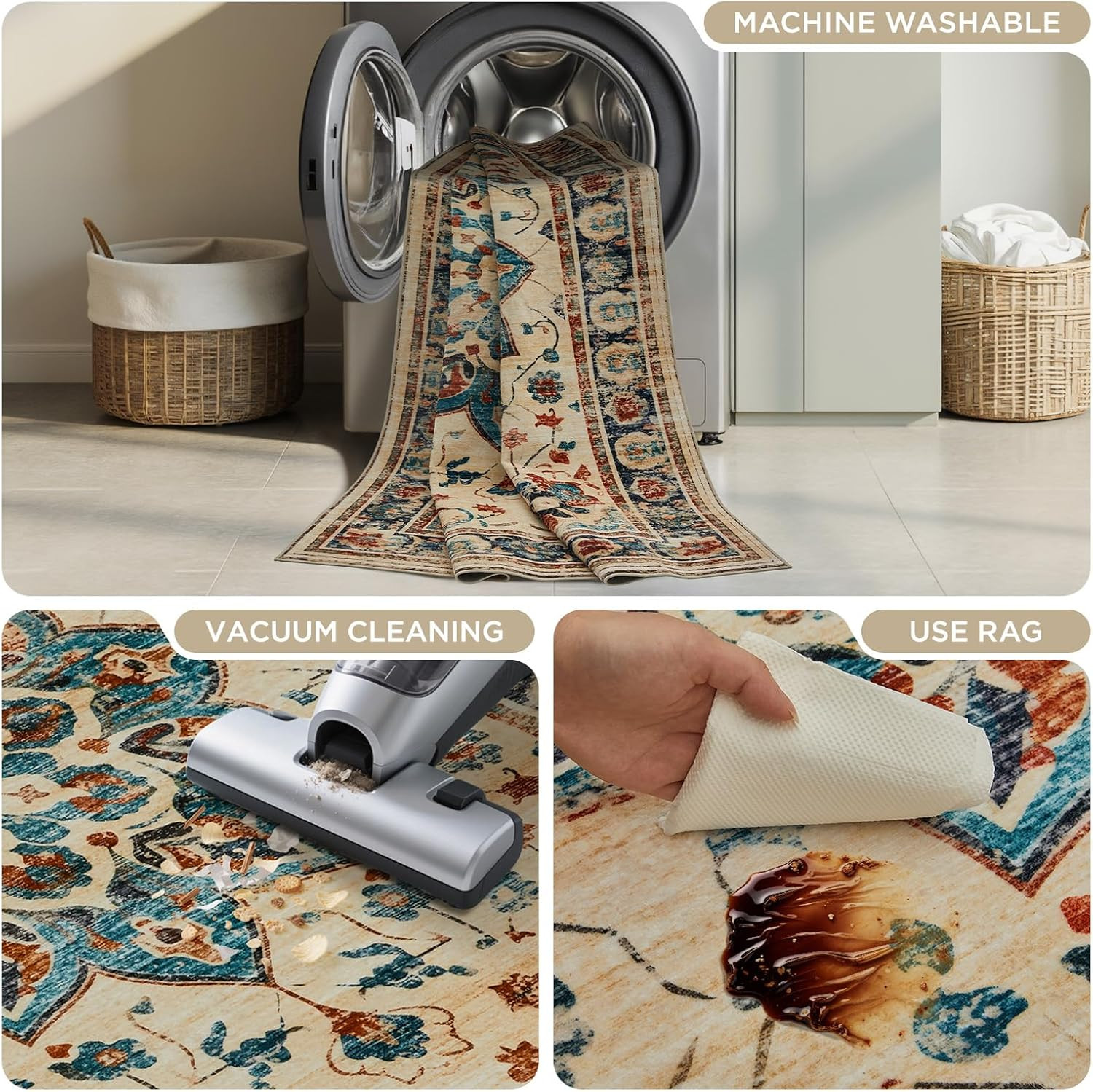 8×10 Vintage Area Rug, Non-Slip, Washable, Pet & Kid Friendly