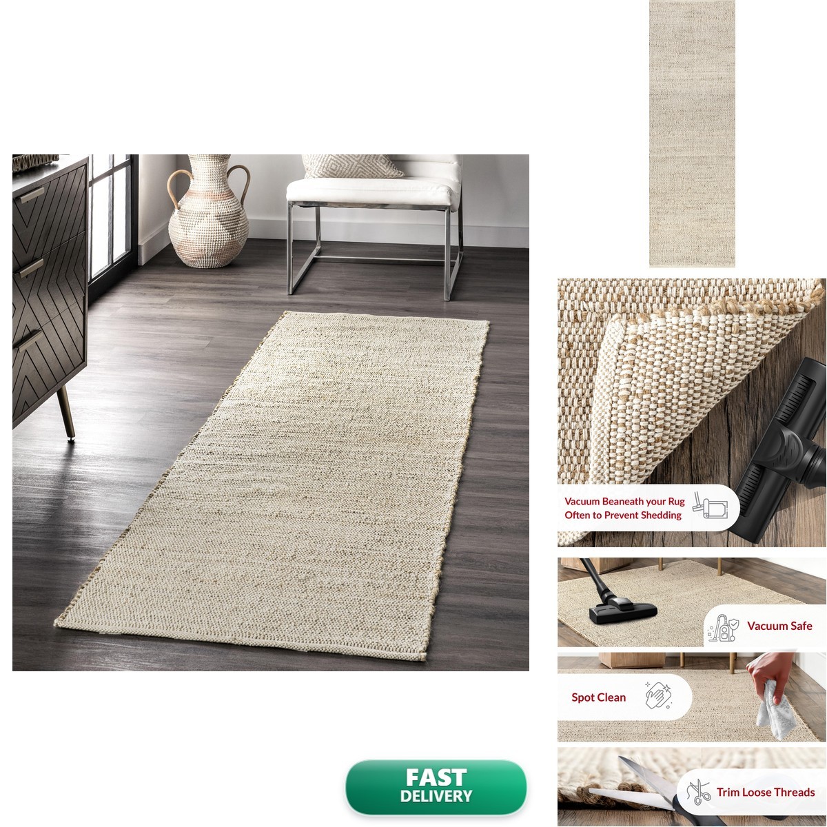 nuLOOM Elfriede 2’6″ x 6′ Jute & Cotton Area Rug, Natural